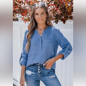 NWT Blue Long Sleeve Button Tab Top. Blue Women's Top